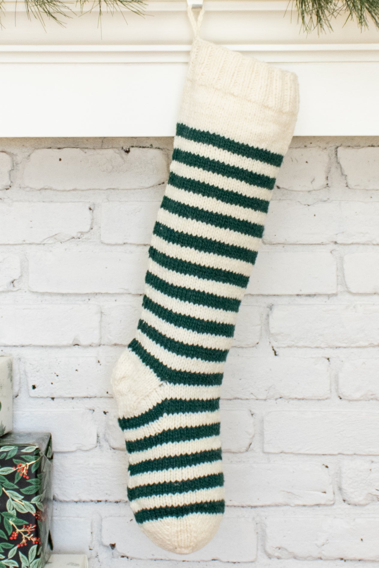 White and Green Striped Personalized Christmas Stocking