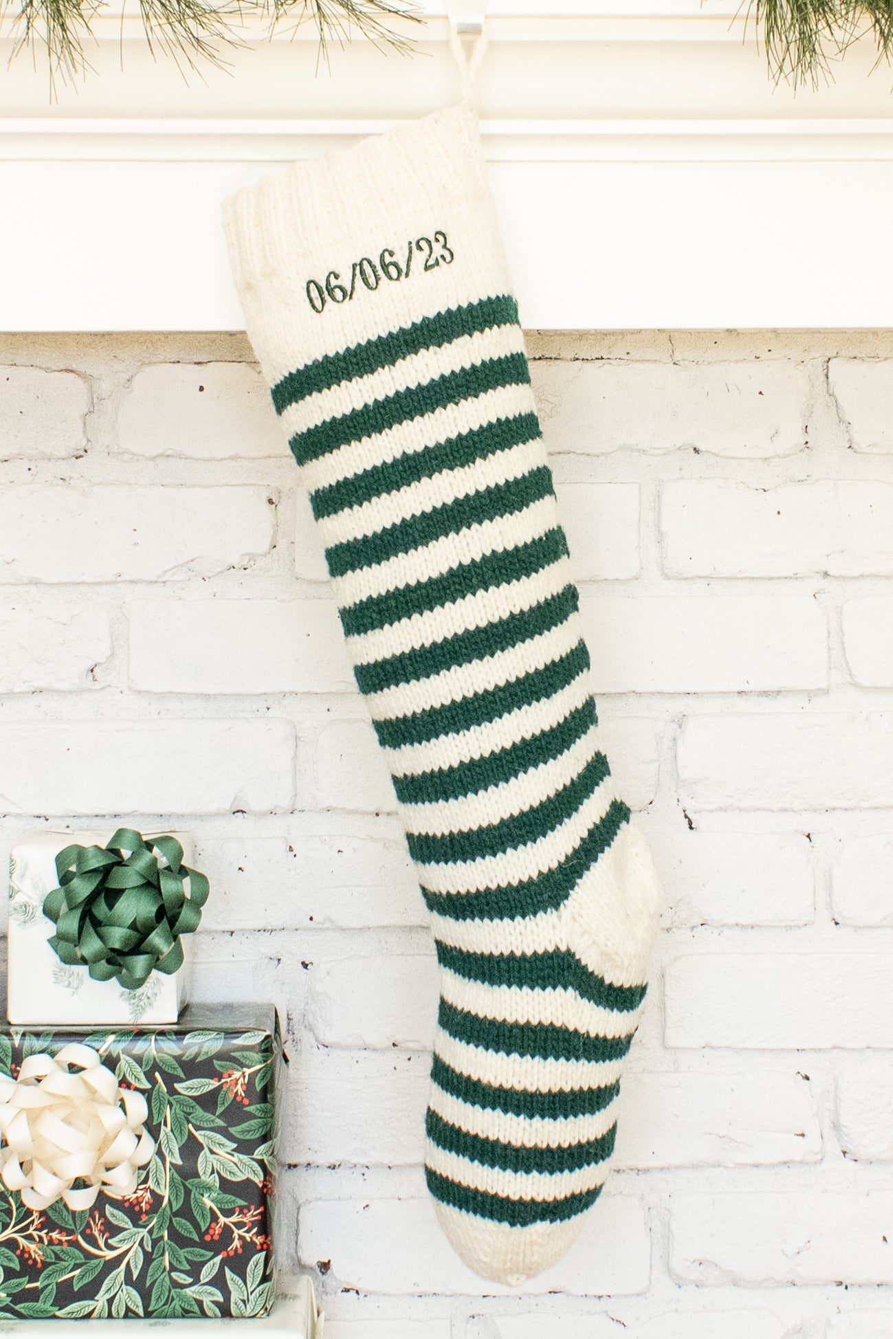 White and Green Striped Personalized Christmas Stocking