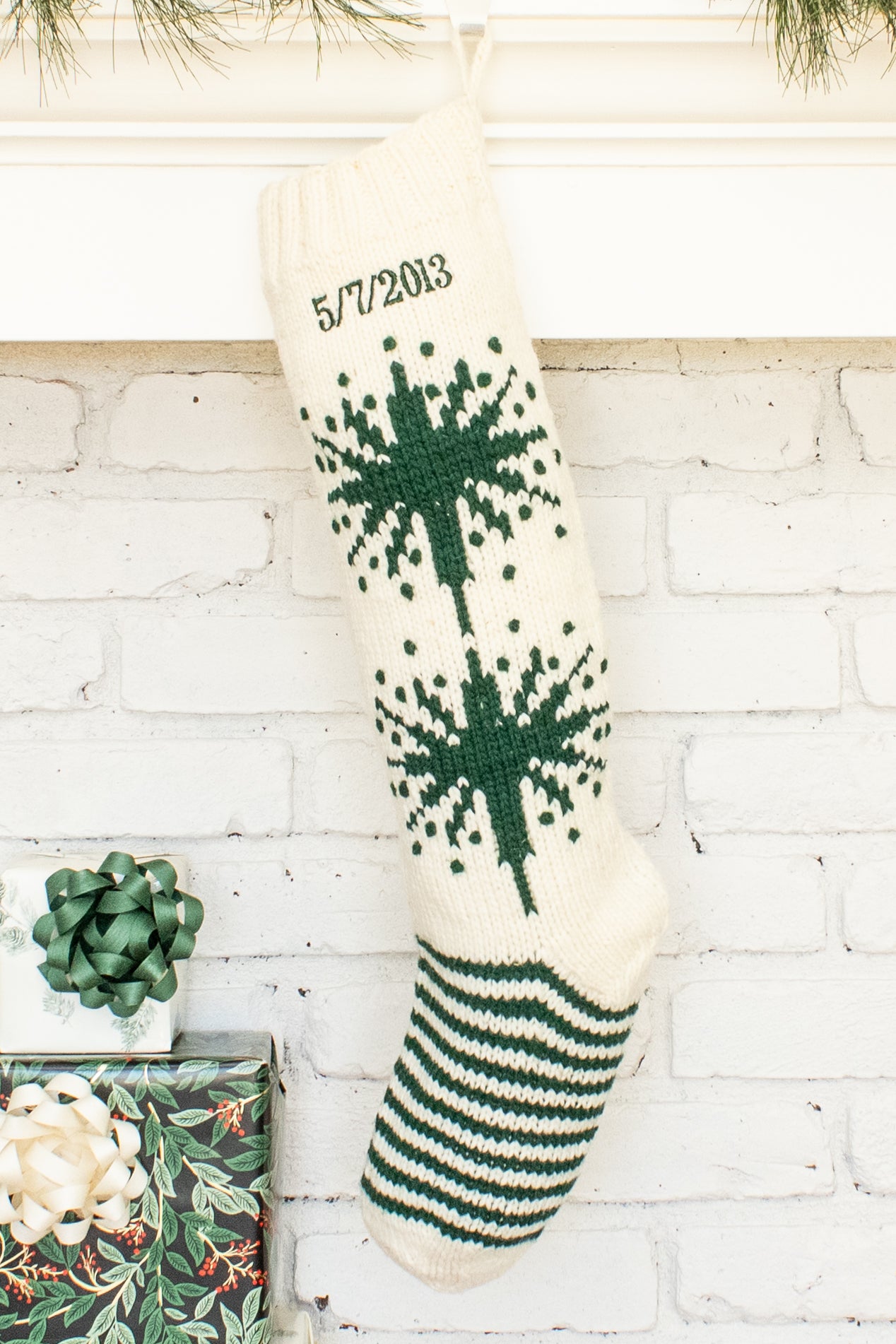 White and Green Star Personalized Christmas Stocking