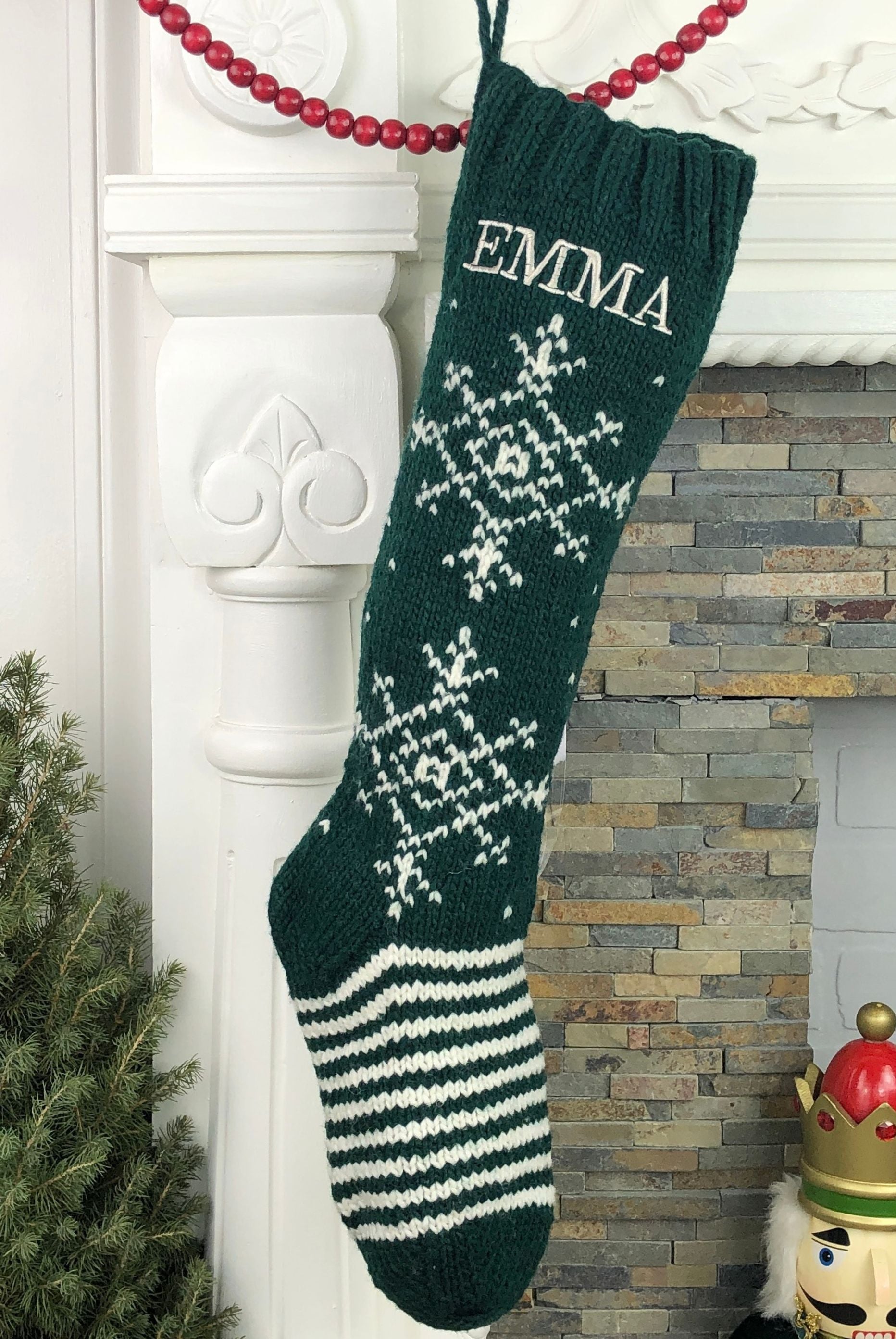 Green and White Snowflake Personalized Christmas Stocking