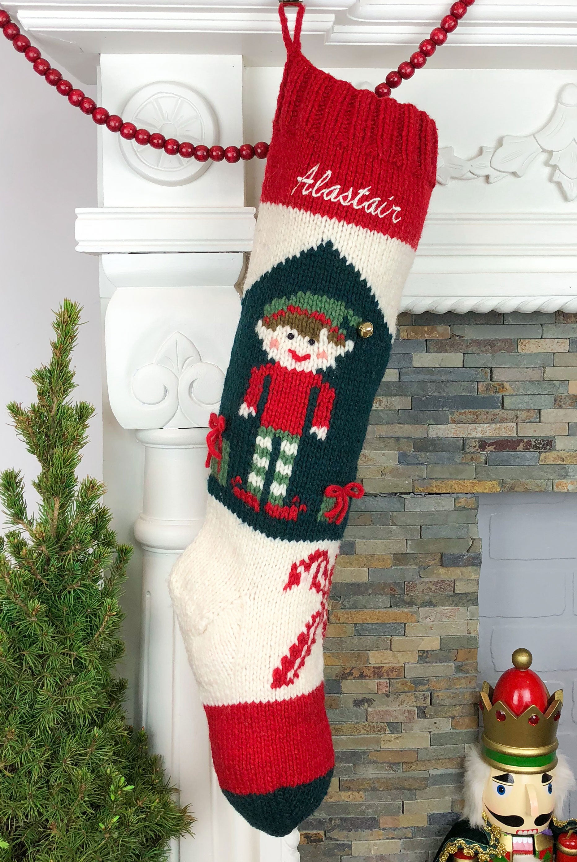 Personalized hand knit elf Christmas stocking