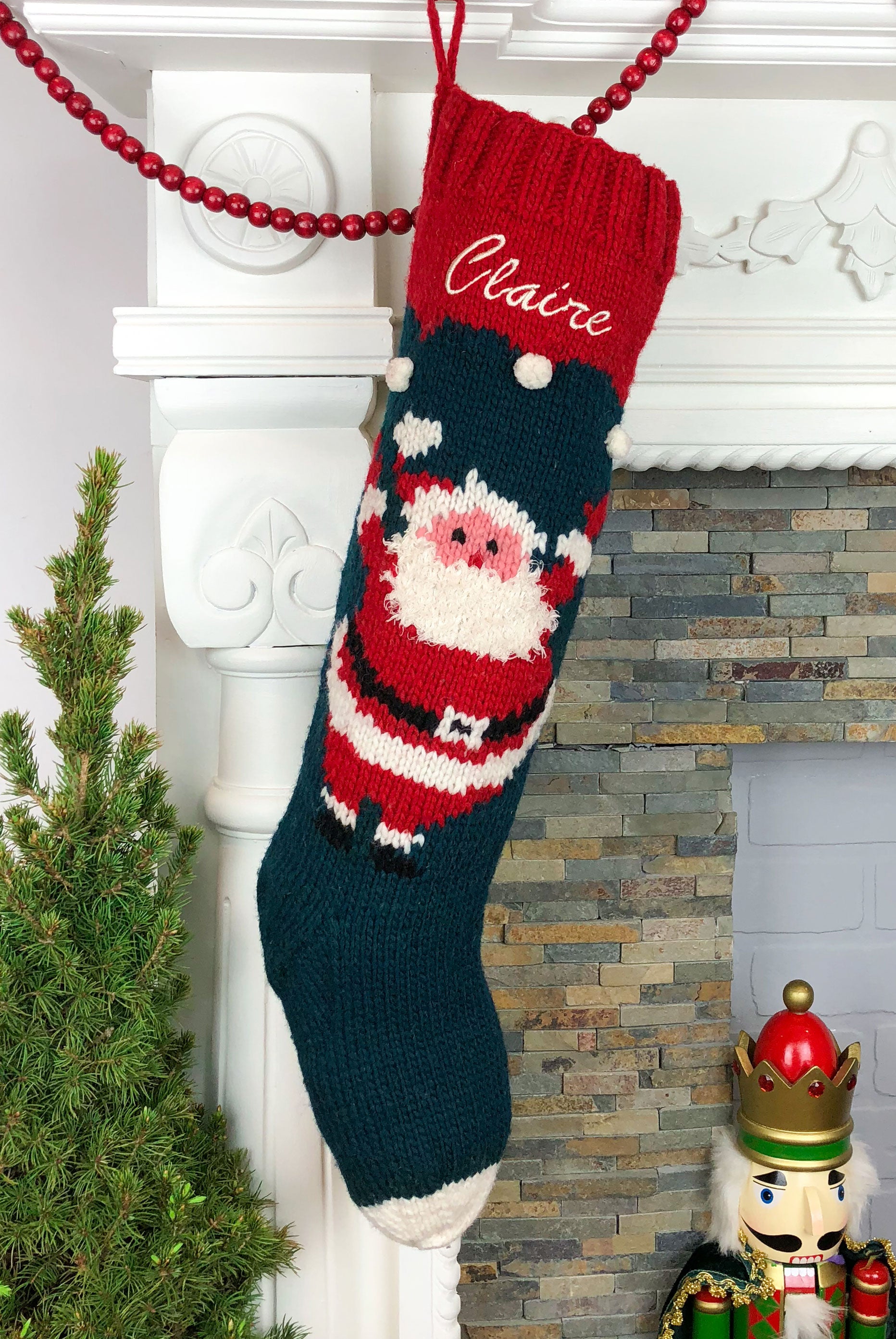 Santa Snowball Personalized Hand Knit Christmas Stocking