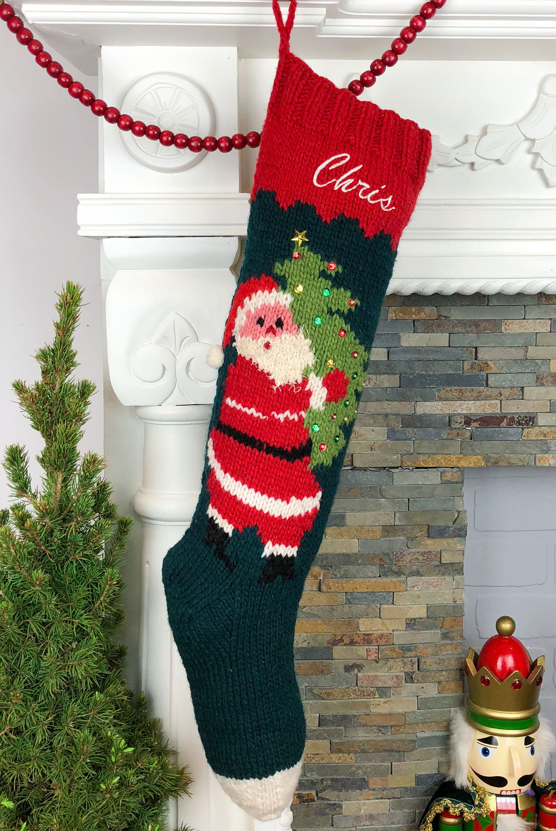 Personalized hand knit Santa Christmas stocking
