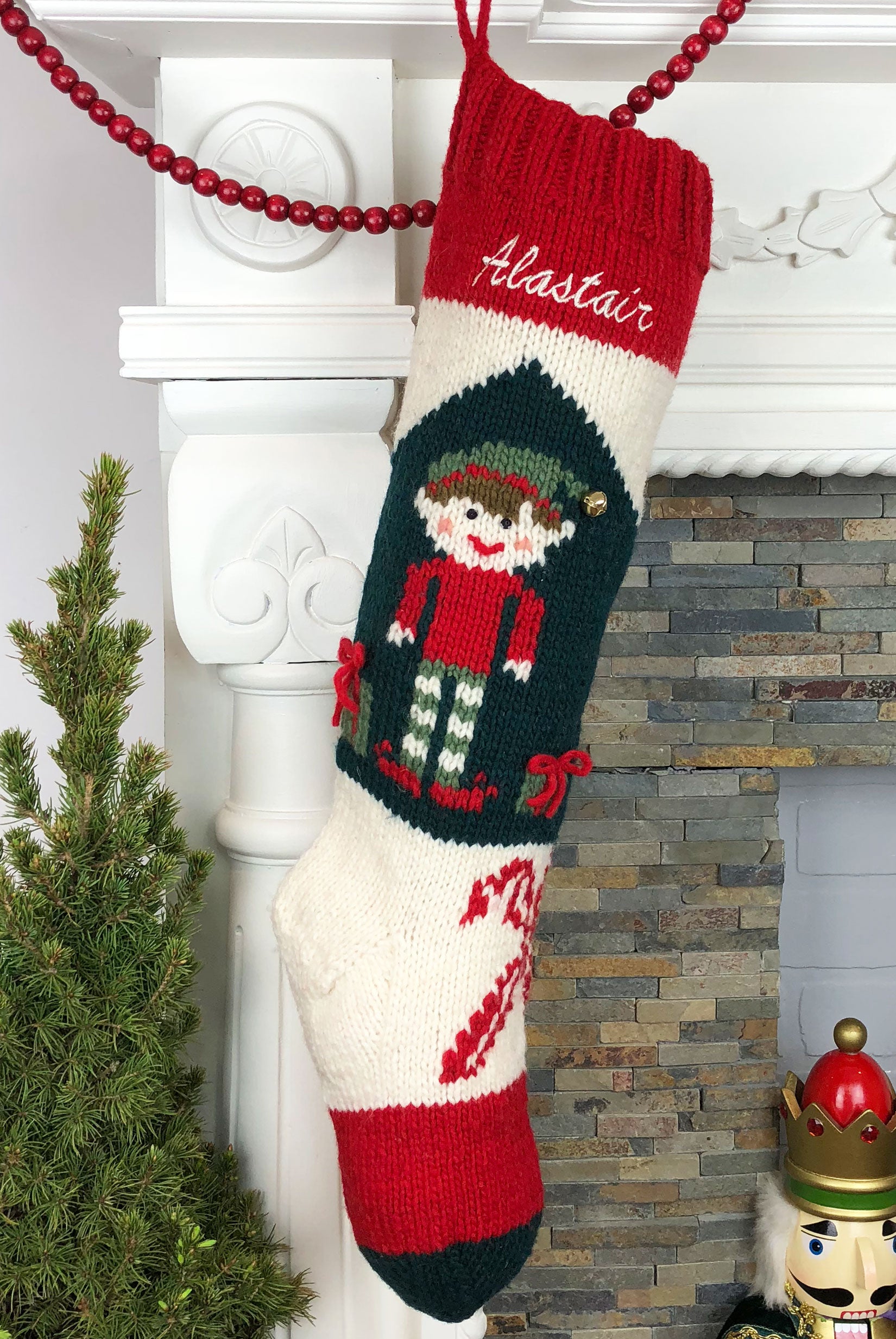 Elf hand knit personalized Christmas stocking