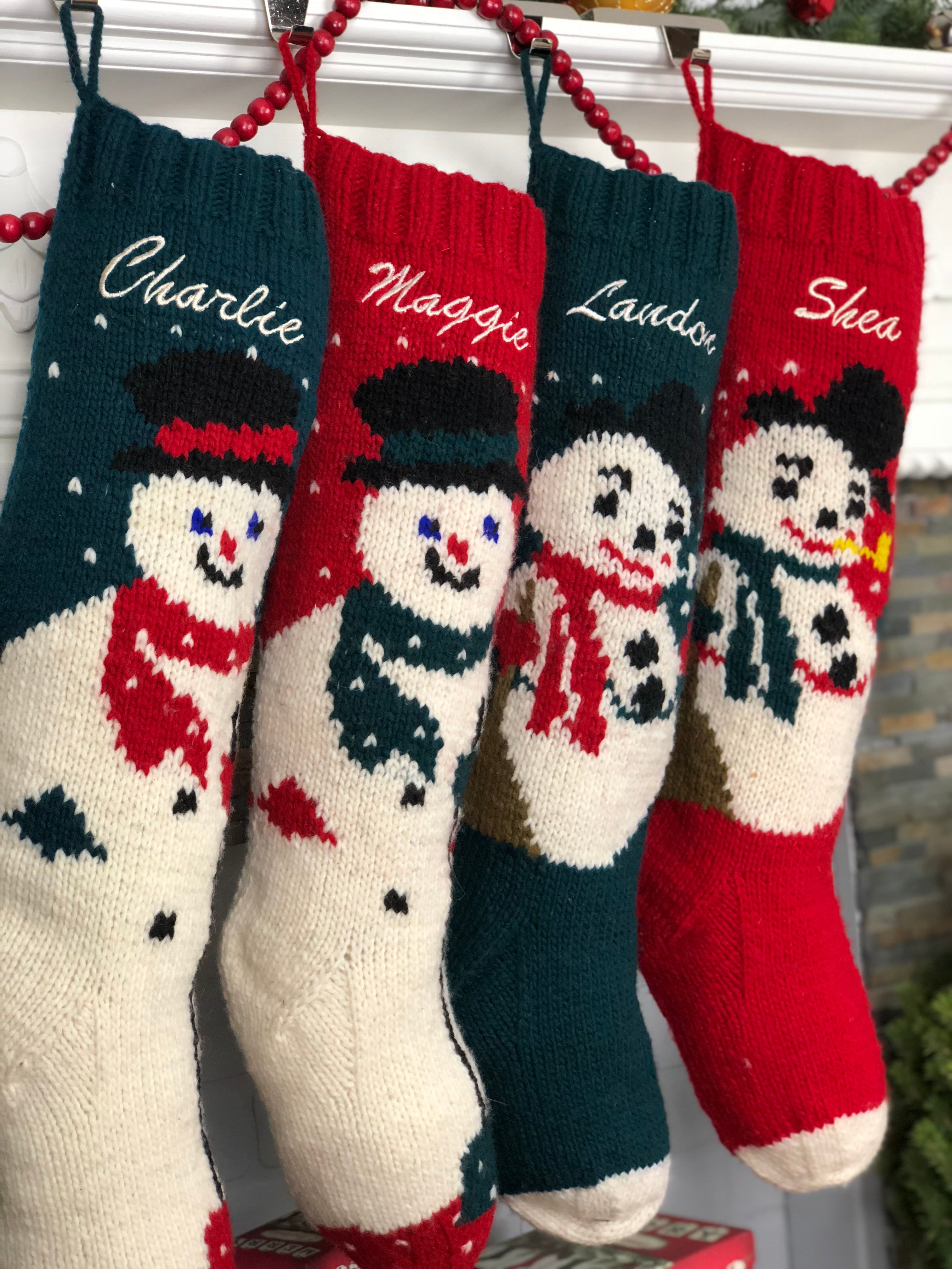 Personalized hand knit snowmen Christmas stockings