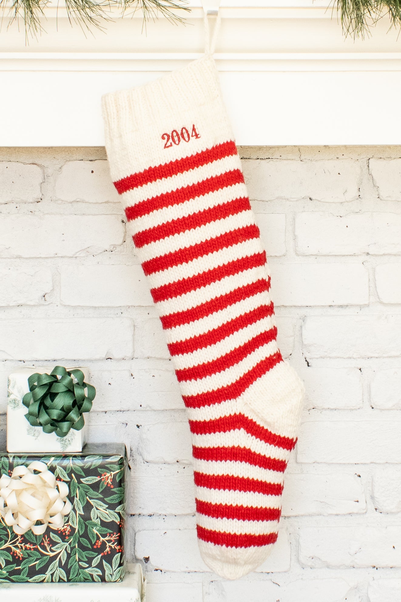 White and Red Stipes Personalized Christmas Stocking
