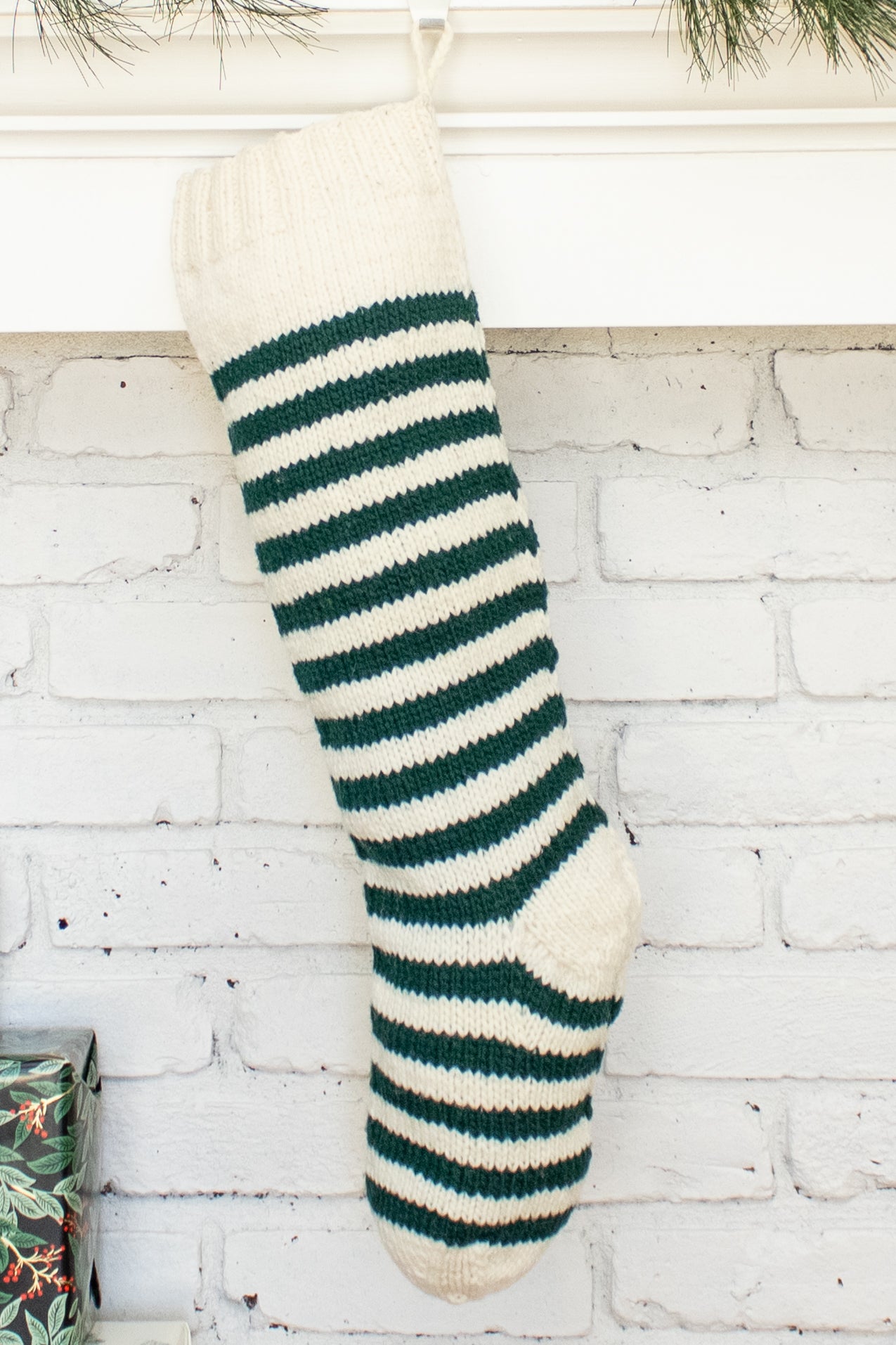 White and Green Striped Personalized Christmas Stocking