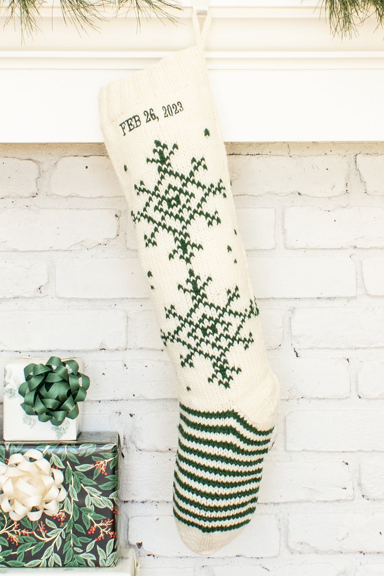 White and Green Snowflake Personalized Christmas Stocking