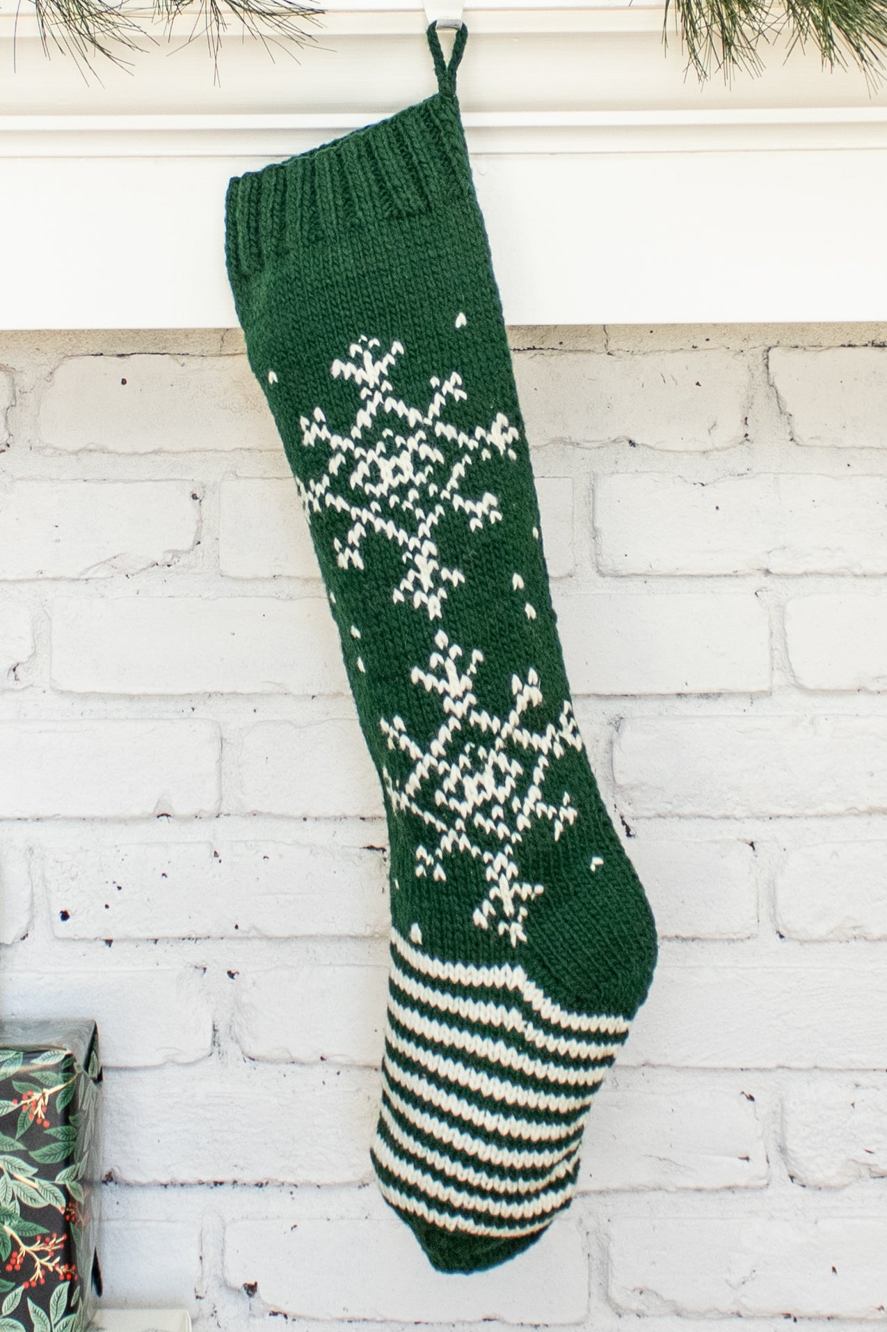 Green and White Snowflake Personalized Christmas Stocking
