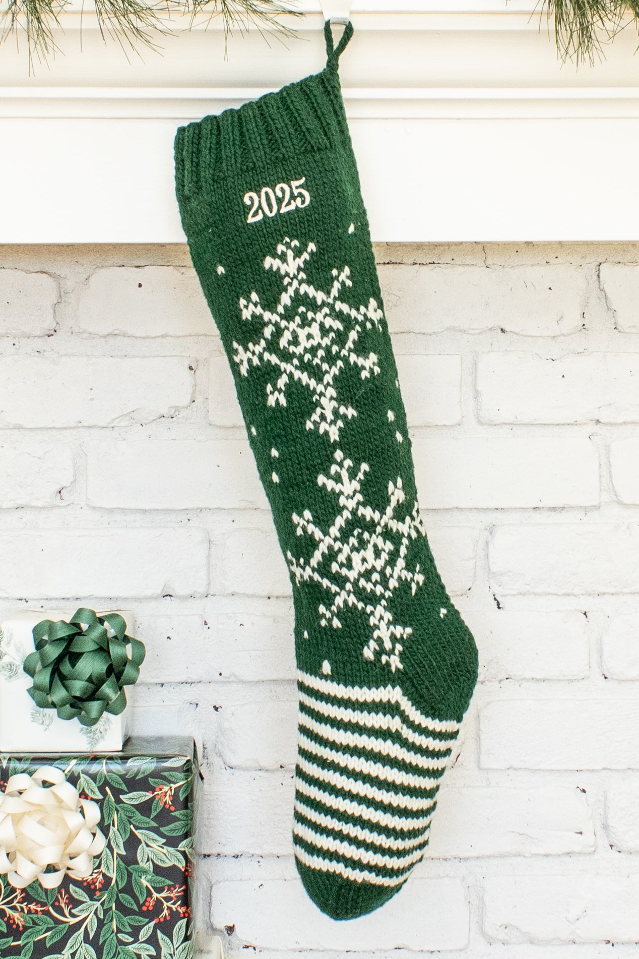 Green and White Snowflake Personalized Christmas Stocking