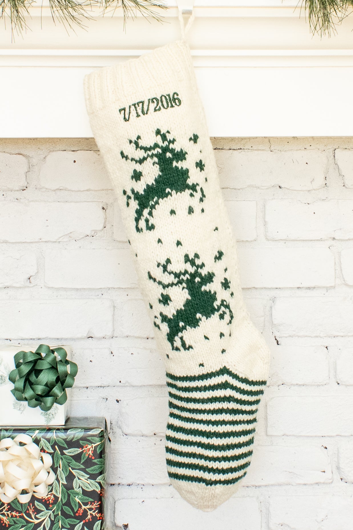 White and Green Deer Personalized Christmas Stocking