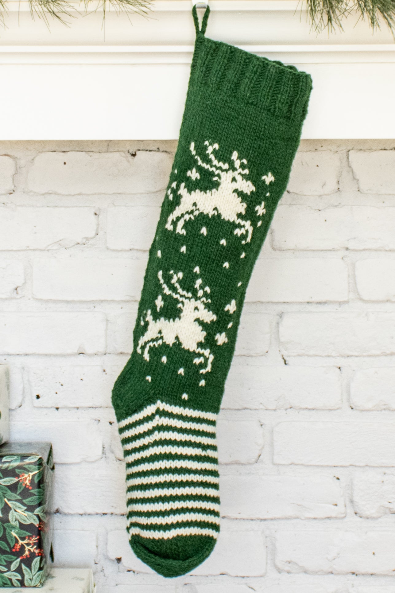 Green and White Reindeer Personalized Christmas Stocking