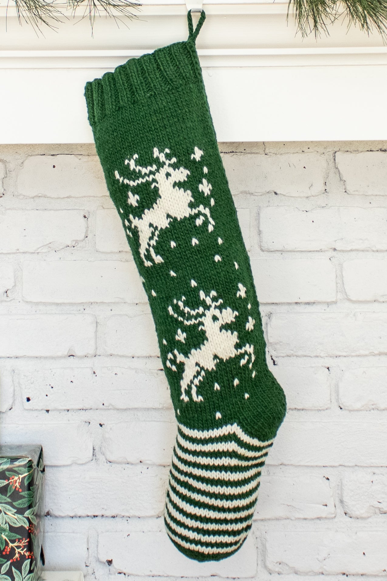 Green and White Reindeer Personalized Christmas Stocking
