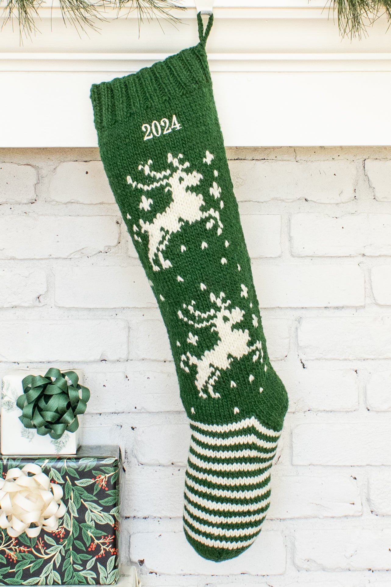 Green and White Reindeer Personalized Christmas Stocking
