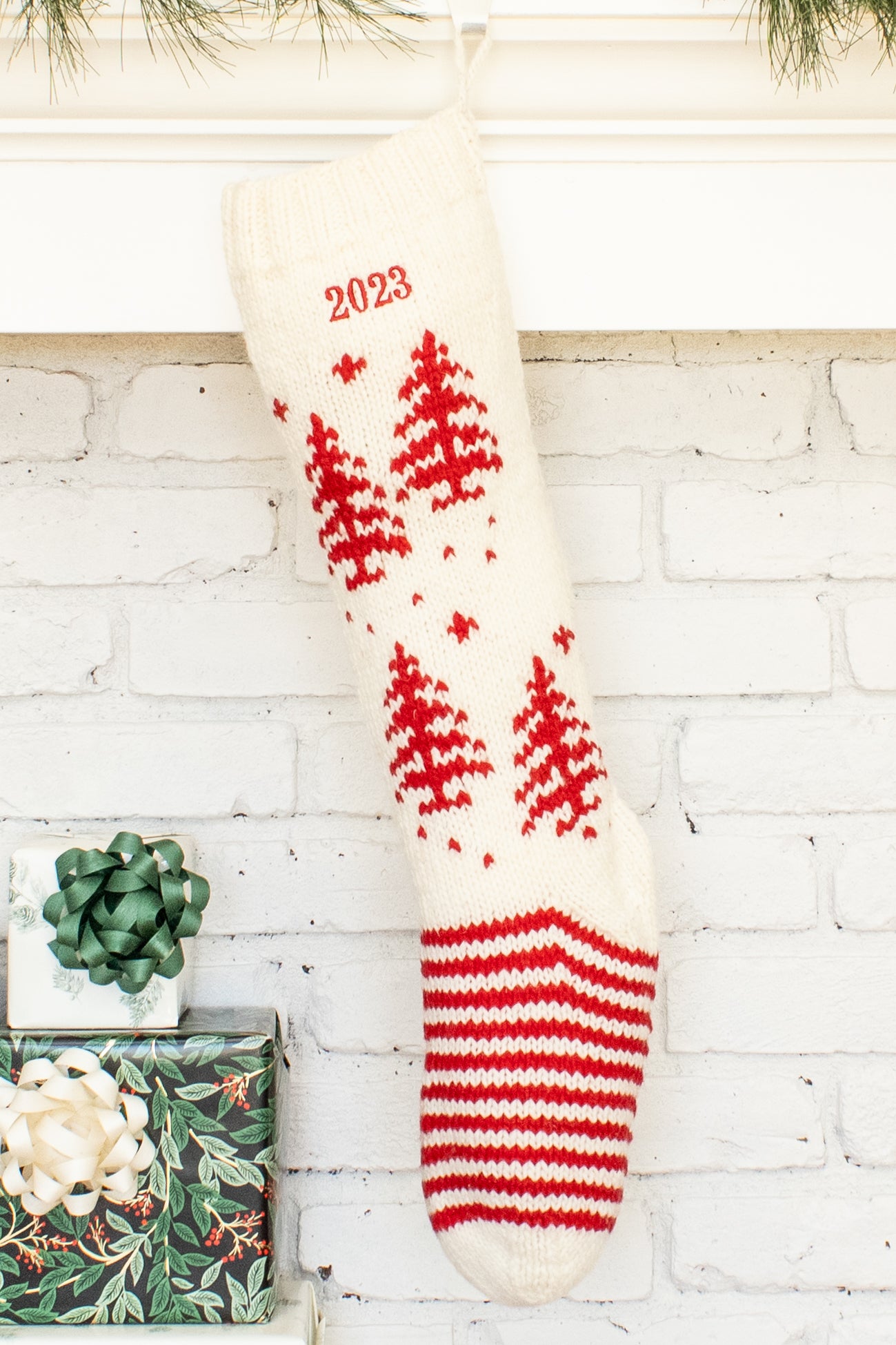 White and Red Tree Personalized Christmas Stocking