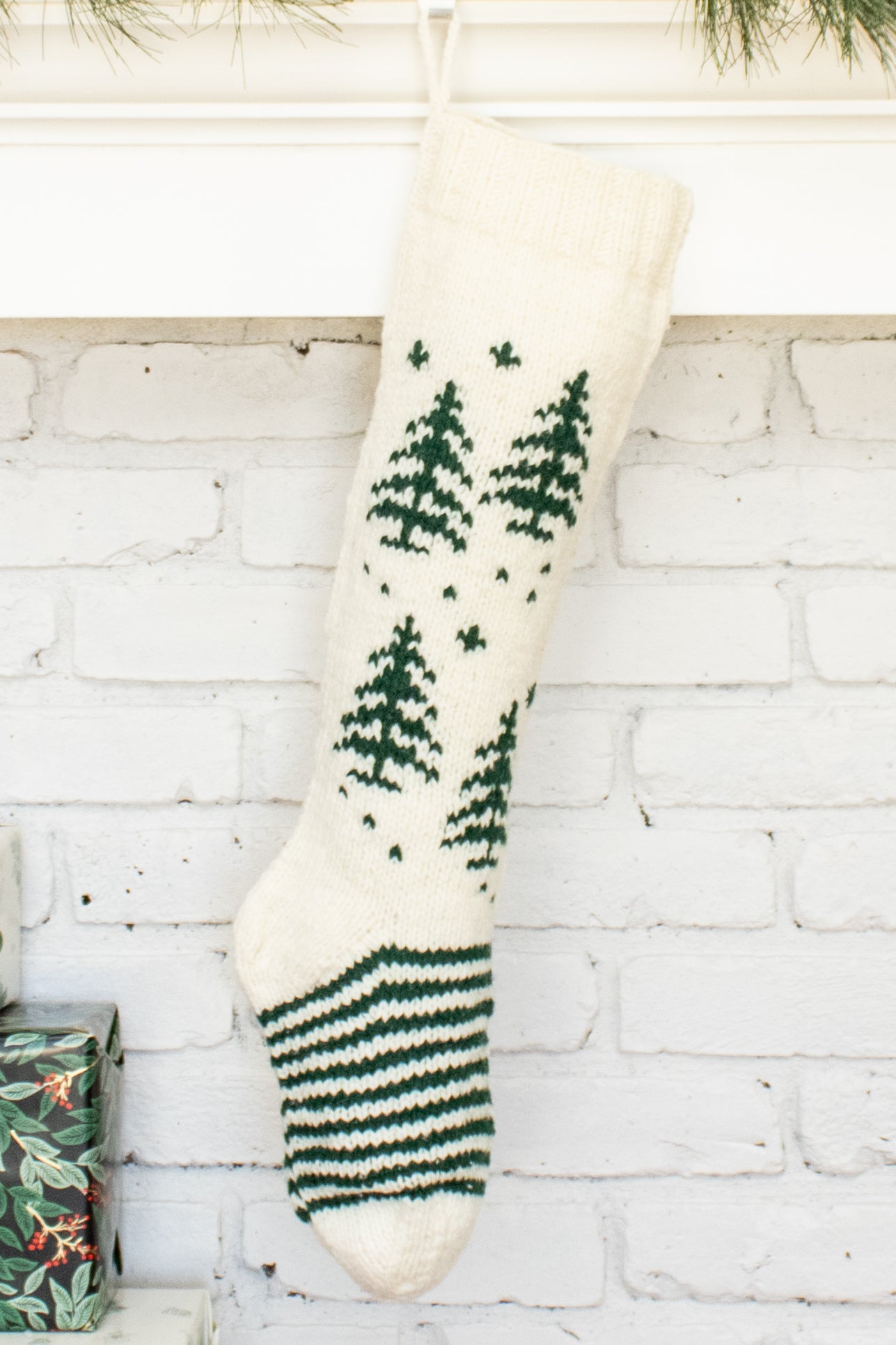 White and Green Tree Personalized Christmas Stocking