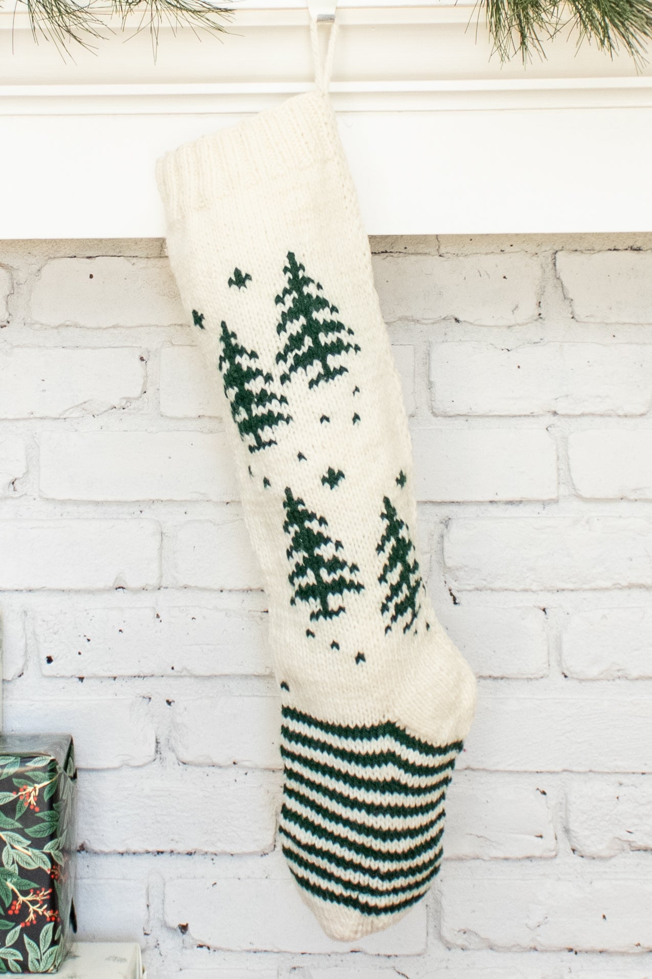 White and Green Tree Personalized Christmas Stocking