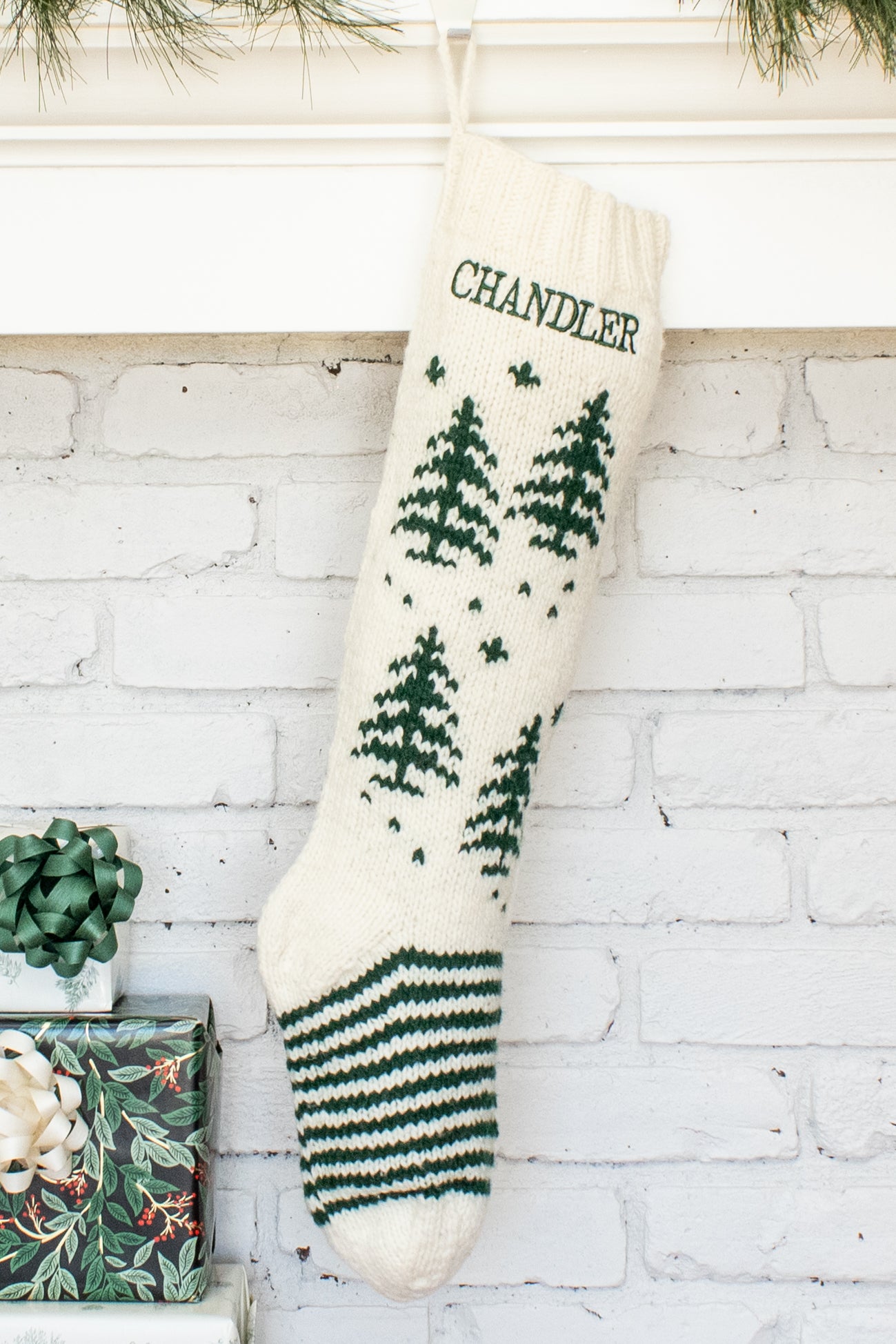 White and Green Tree Personalized Christmas Stocking