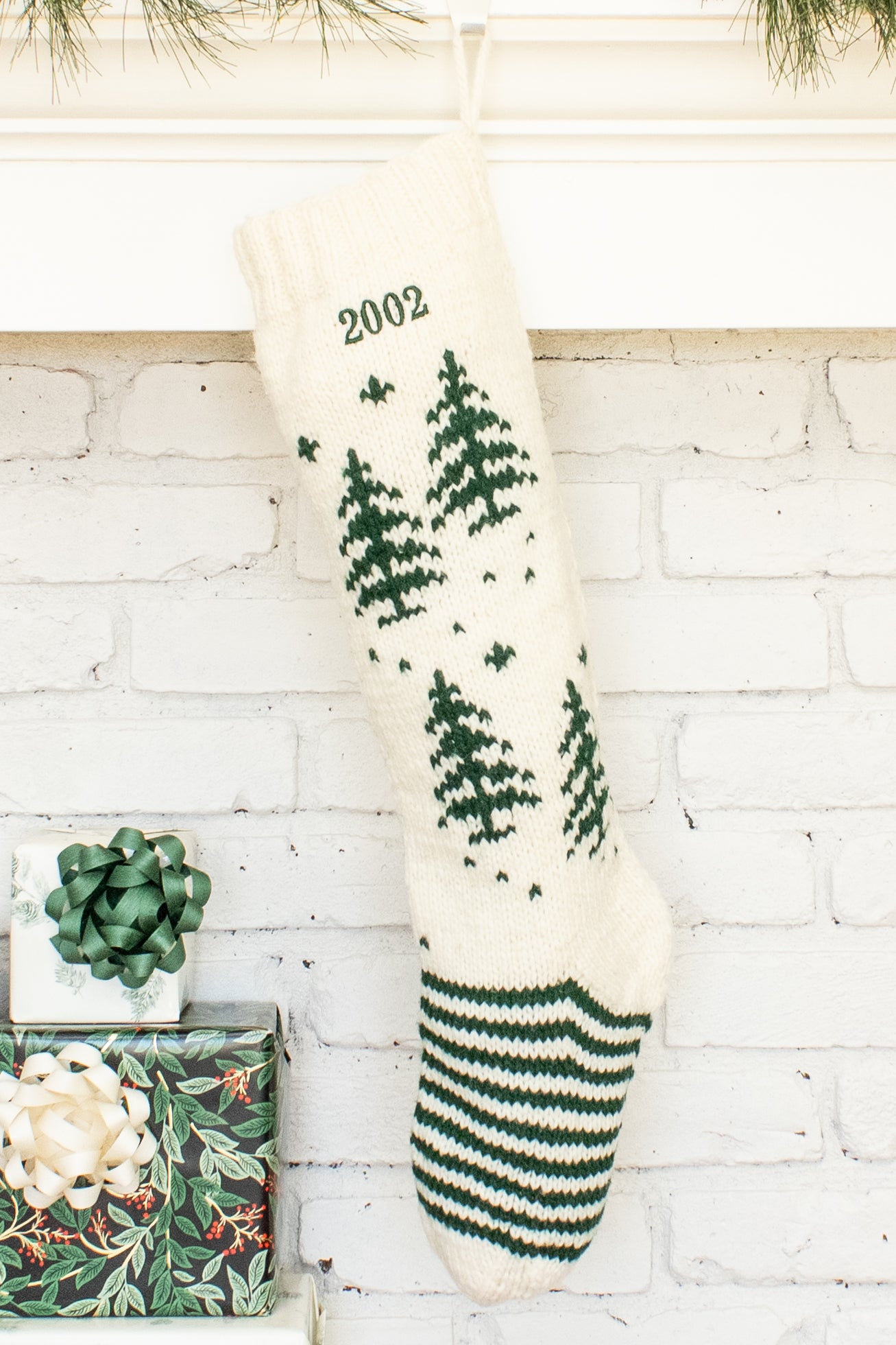 White and Green Tree Personalized Christmas Stocking