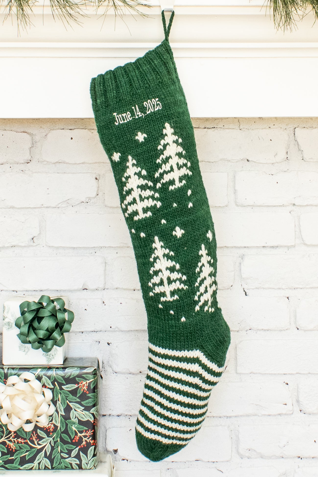 White and Green Tree Personalized Christmas Stocking