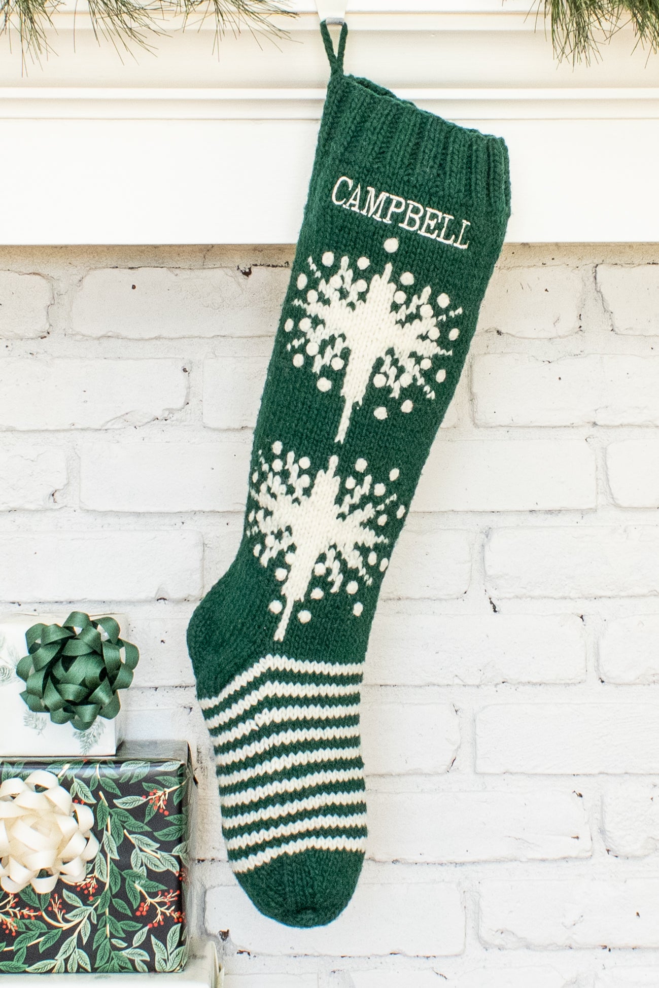 Green and White Star Personalized Christmas Stocking
