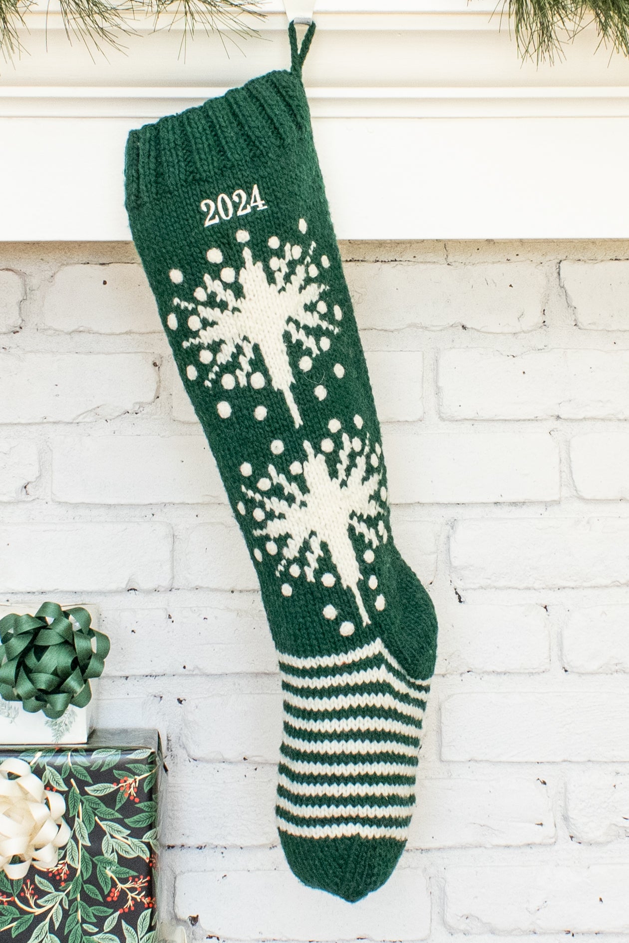 Green and White Star Personalized Christmas Stocking