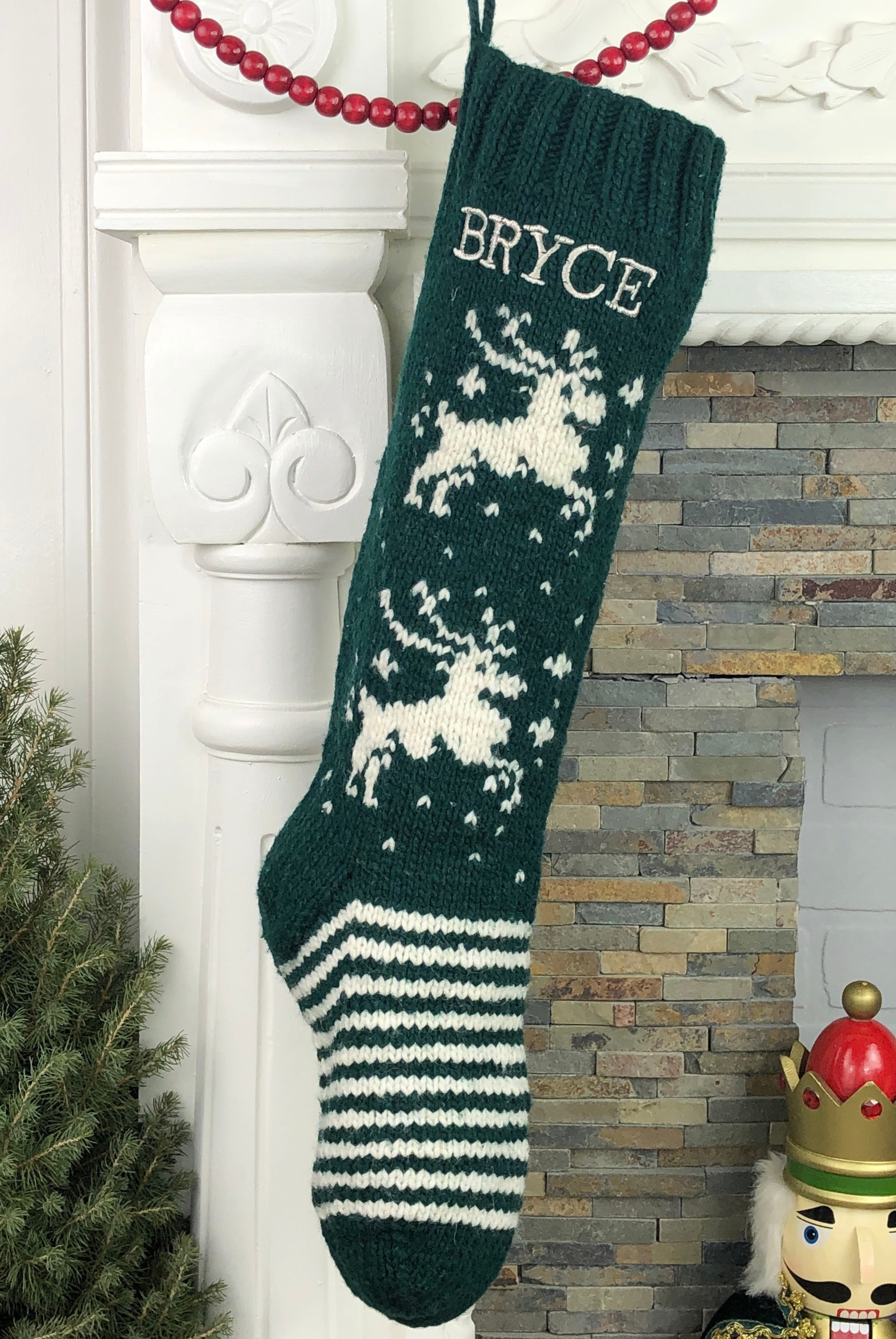 Green and White Reindeer Personalized Christmas Stocking