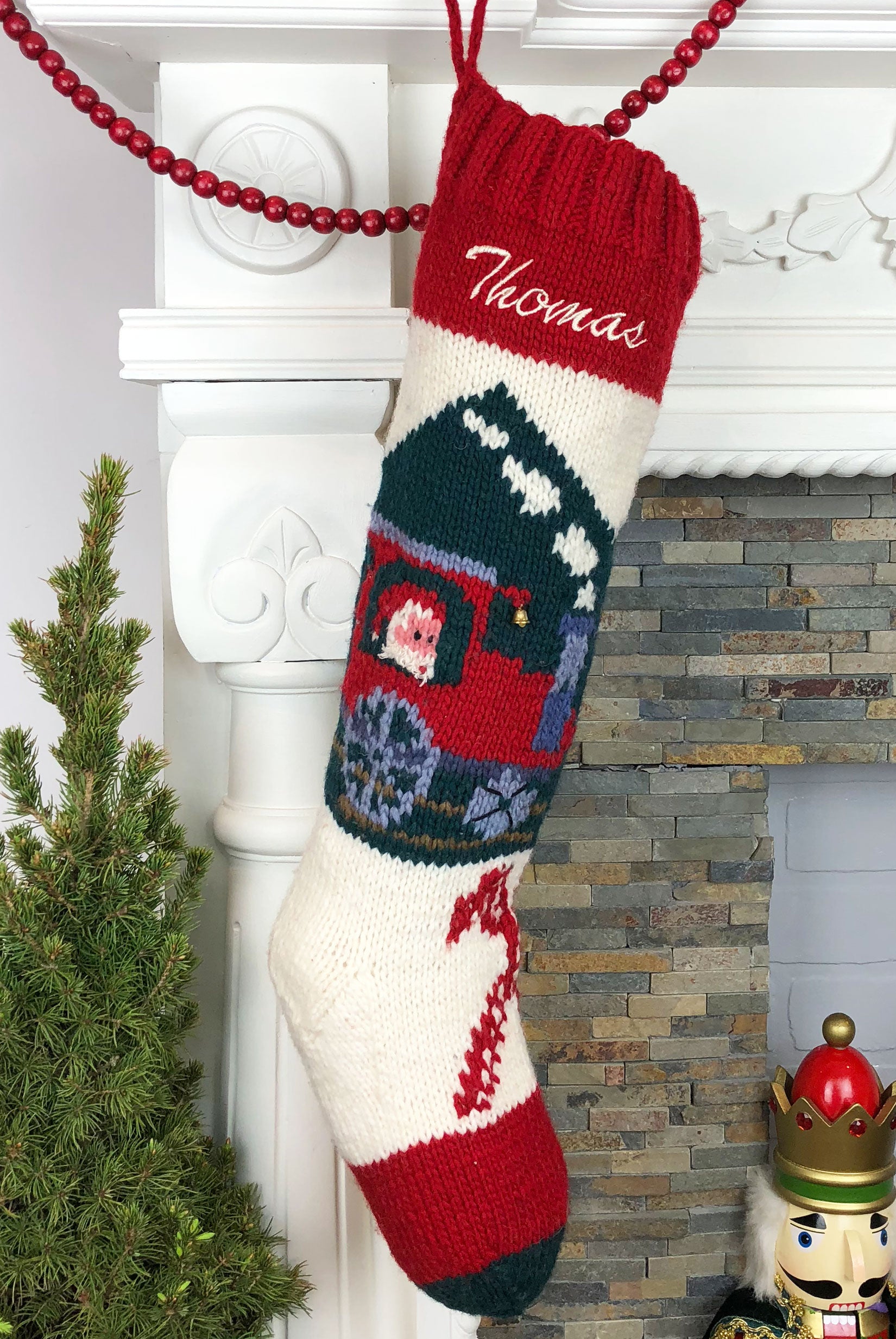 Hand Knit Personalized Christmas Stocking Train 
