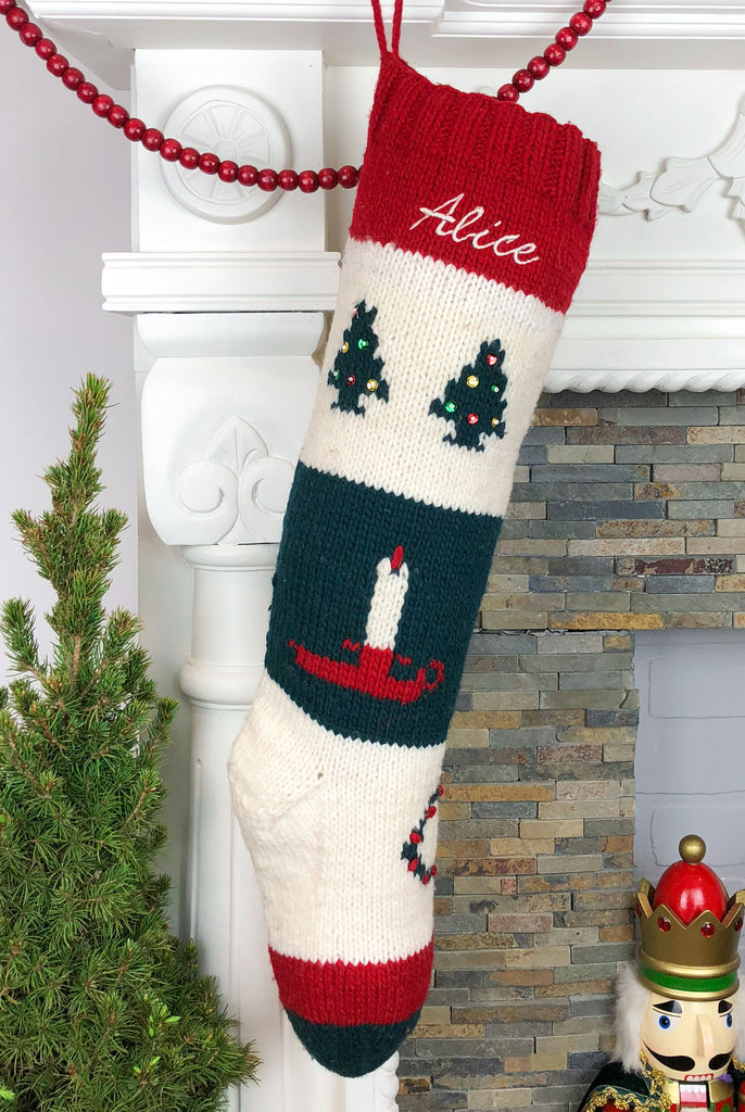 Candle tree hand knit Christmas stocking