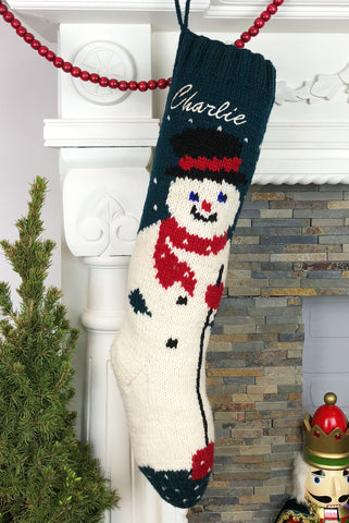 Personalized Green Wool Snowman Christmas Stocking
