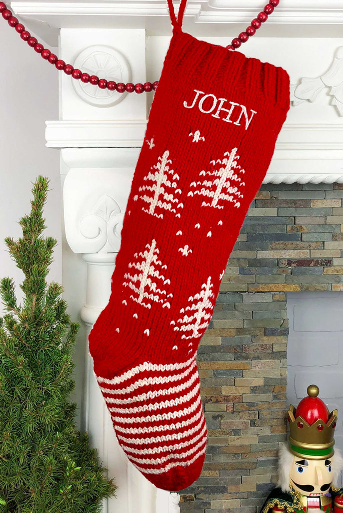 Red White Tree Christmas Stocking Wool Personalized