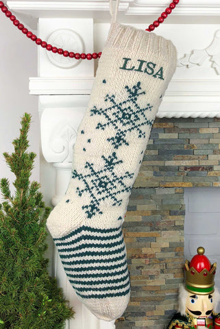White and Green Snowflake Personalized Christmas Stocking