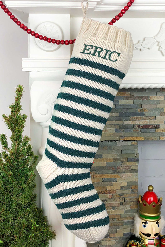 White and Green Striped Personalized Christmas Stocking
