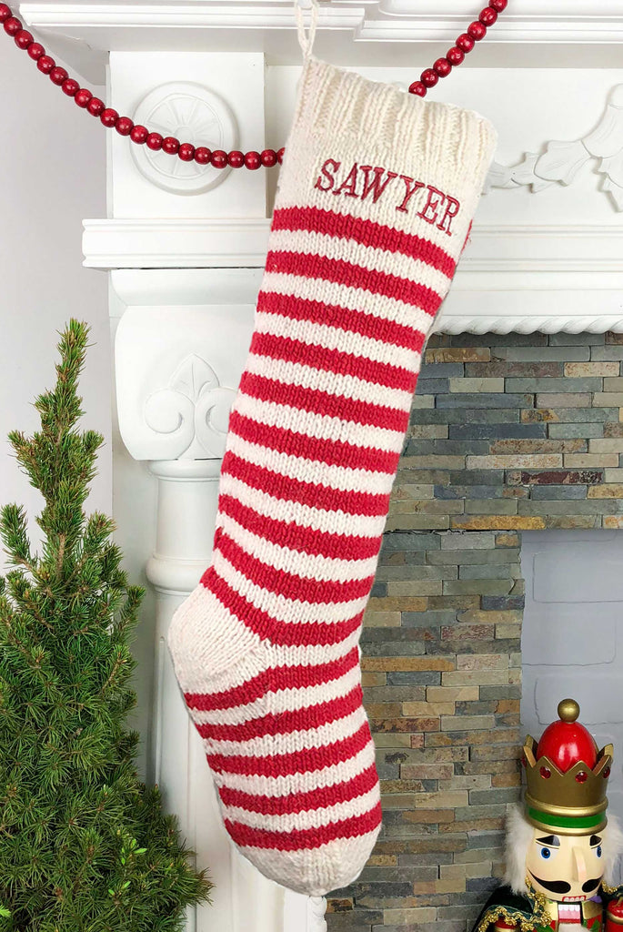 Hand knitted striped Christmas stocking