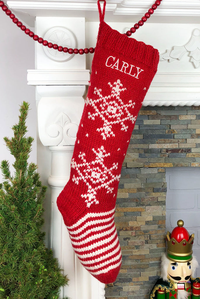 Personalized red and white snowflake Christmas stocking