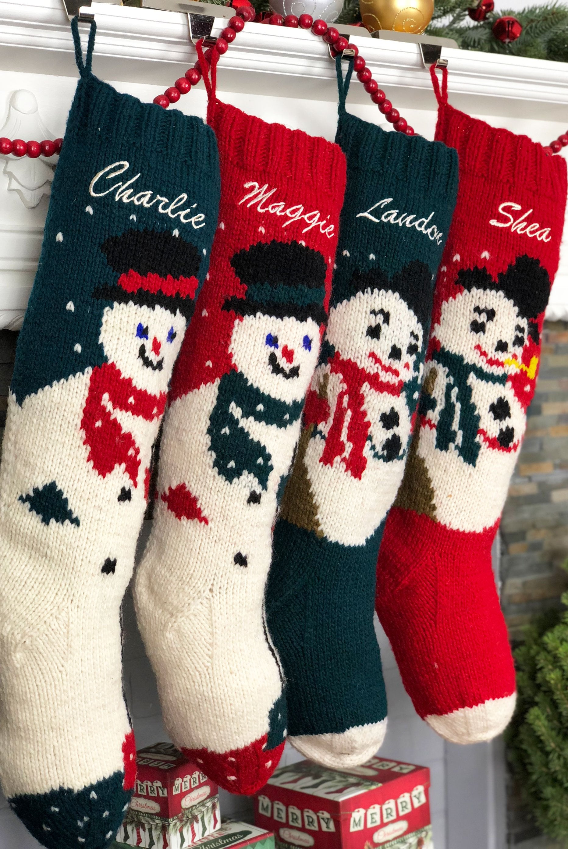 Snowmen hand knit personalized Christmas stockings